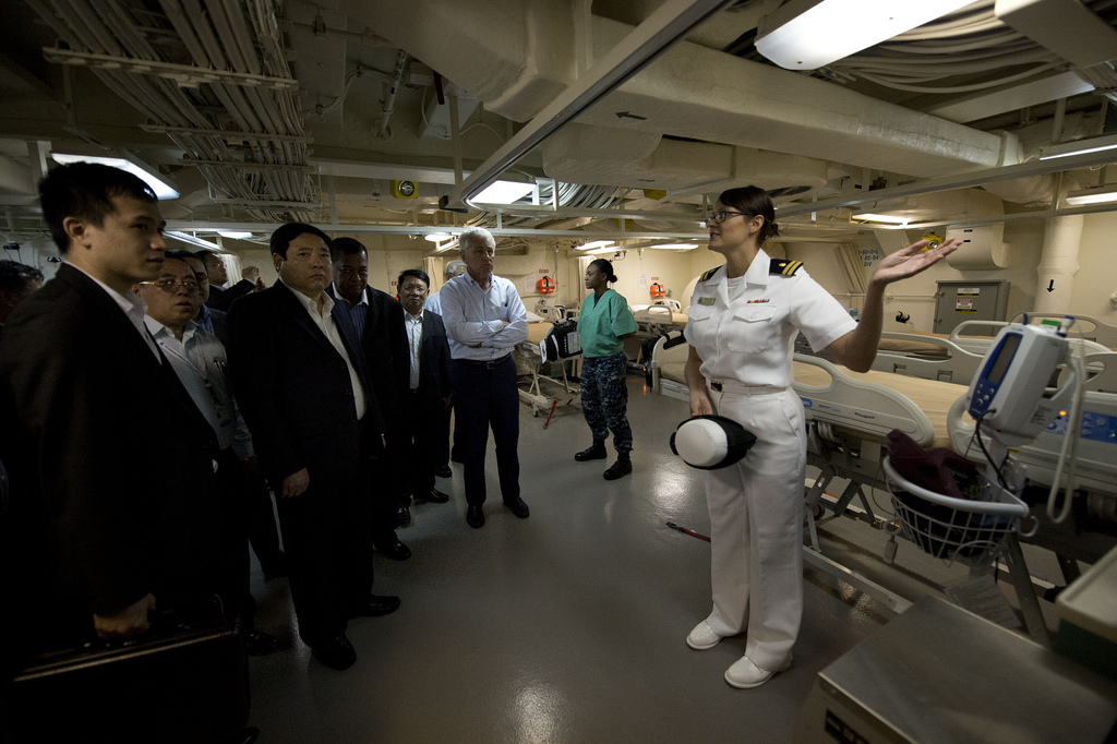 Secretary of Defense Chuck Hagel tours the USS Anchorage LPD-23 along with defense ministers from the Association of South East Asian Nations in Honolulu, Hawaii, April 2, 2014.