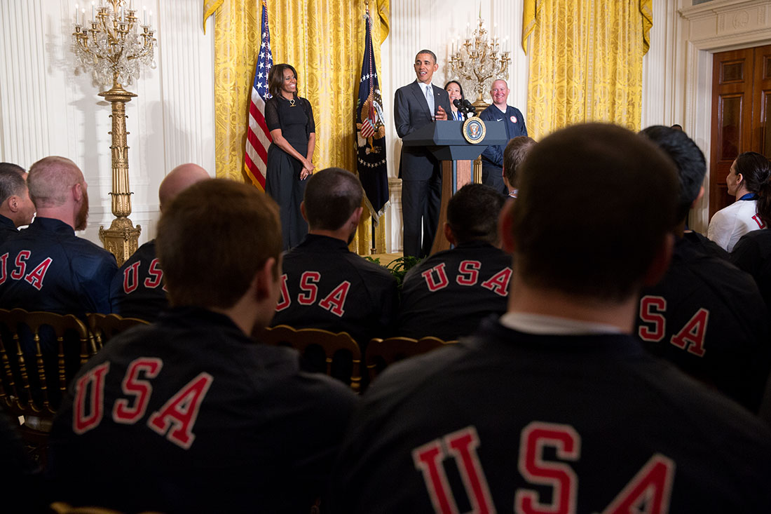 President Barack Obama delivers remarks during an event to welcome United States teams and delegations from the 2014 Olympic and Paralympic Winter Games in Sochi to the East Room of the White House, April 3, 2014.