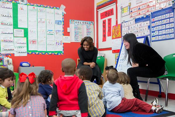 First Lady Michelle Obama meets with students in a pre-K classroom at the Yu Ying Public Charter School, a Chinese-immersion, International Baccalaureate elementary school in Washington, D.C., March 4, 2014.