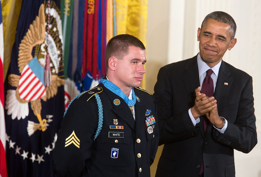 President Barack Obama applauds Sergeant Kyle J. White after awarding him the Medal of Honor during a ceremony in the East Room of the White House, May 13, 2014.