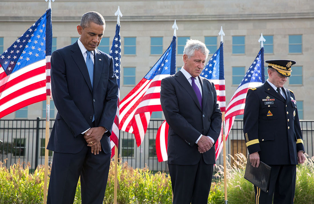 President Obama, Defense Secretary Hagel, and Gen. Martin Dempsey participate in a moment of silence, Sept. 11, 2014