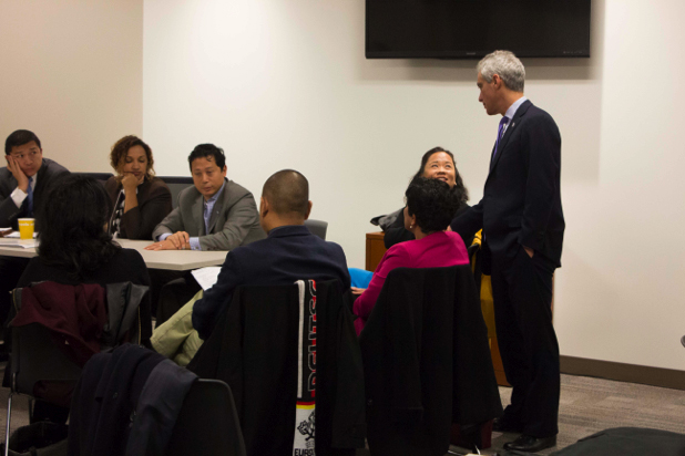 Mayor of Chicago Rahm Emanuel greets community leaders during the White House Initiative on AAPIs Region 5 AAPI Community Listening Session at Chicago City Hall