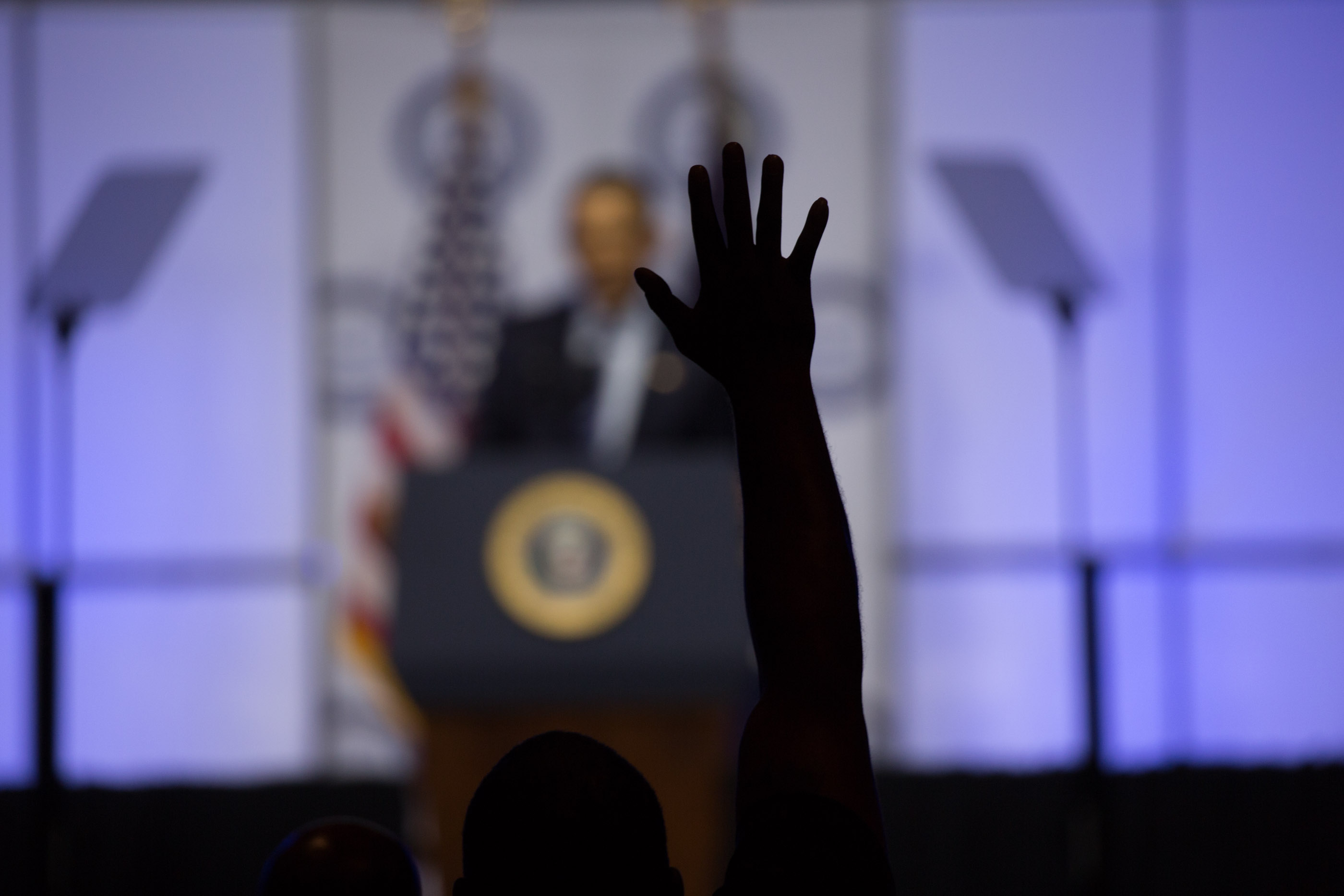 President Barack Obama finishes his closing remarks at the NAACP Convention