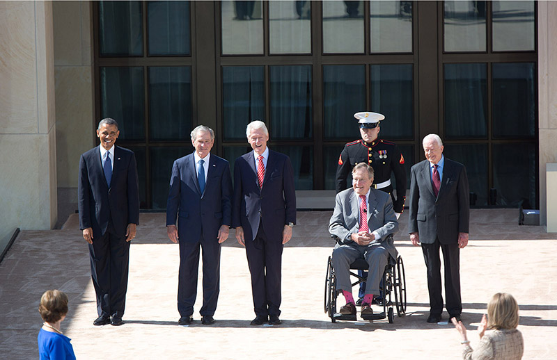 President Obama with former Presidents George W. Bush, Bill Clinton, George H.W. Bush, and Jimmy Carter, at the opening of the George W. Bush Presidential Library, April 25, 2013