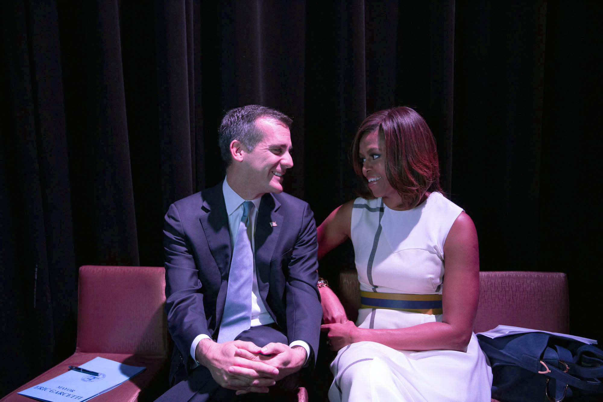 First Lady Michelle Obama talks with L.A. Mayor Eric Garcetti