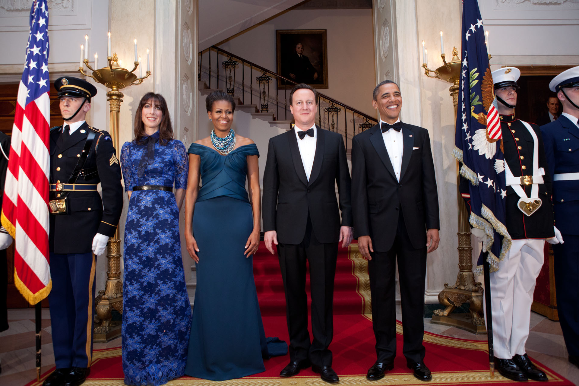 President Obama, the First Lady, Prime Minister Cameron, and Samantha Cameron pose for an official State Dinner photo (March 14, 2012)