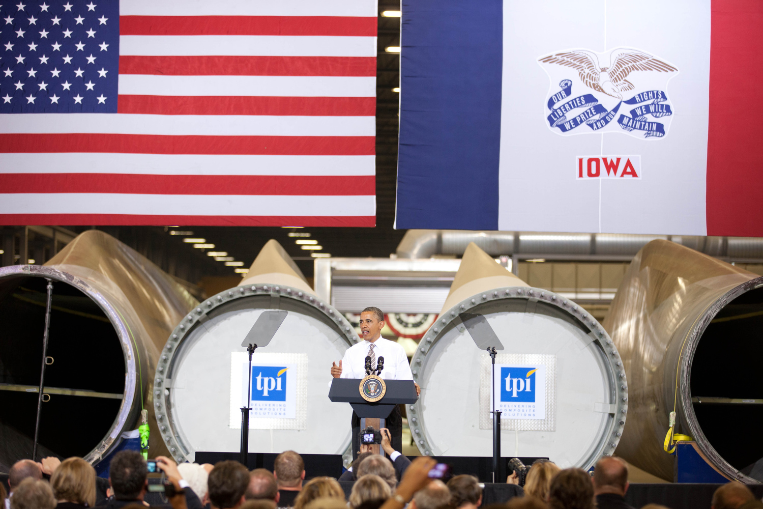 President Barack Obama at TPI Composites Iowa’s wind turbine blade facility (May 24, 2012)
