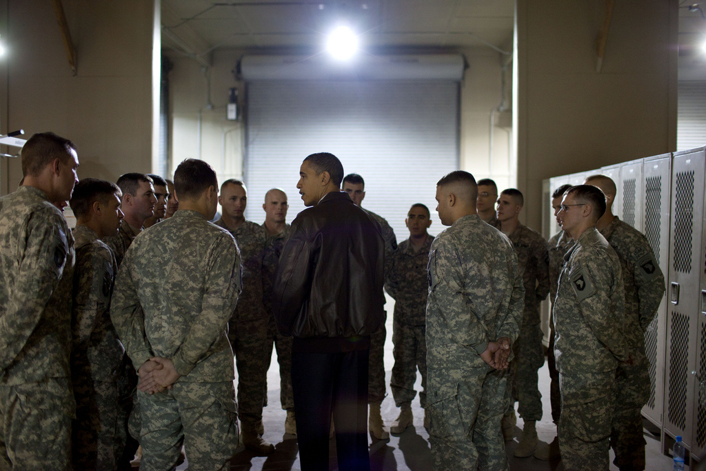 President Barack Obama visits with a platoon of U.S. troops at Bagram Air Field in Afghanistan