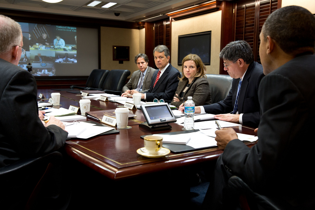 President Barack Obama receives an update from officials via video teleconference on the ongoing response to Hurricane Sandy