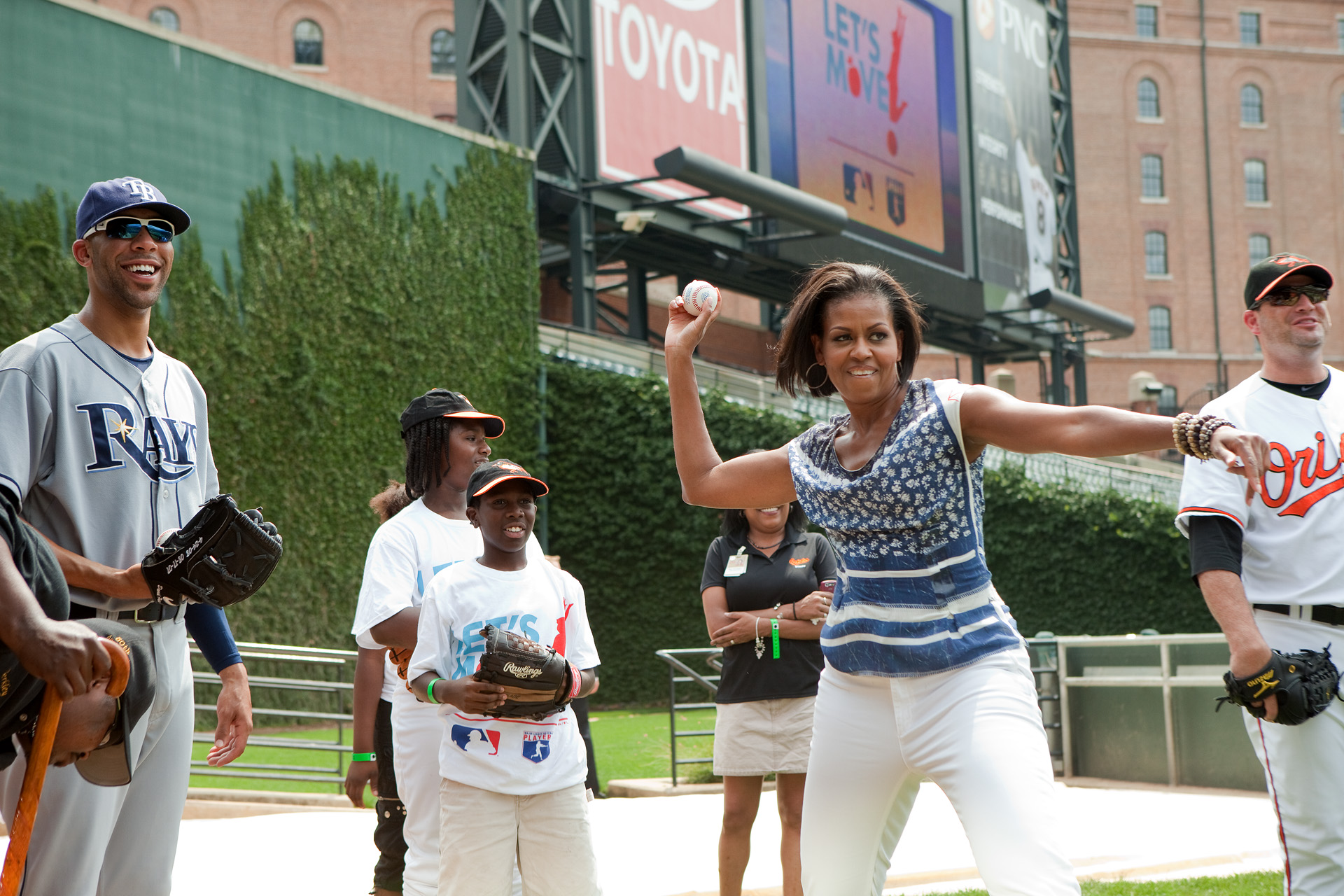 The First Lady Pitches at Camden Yards