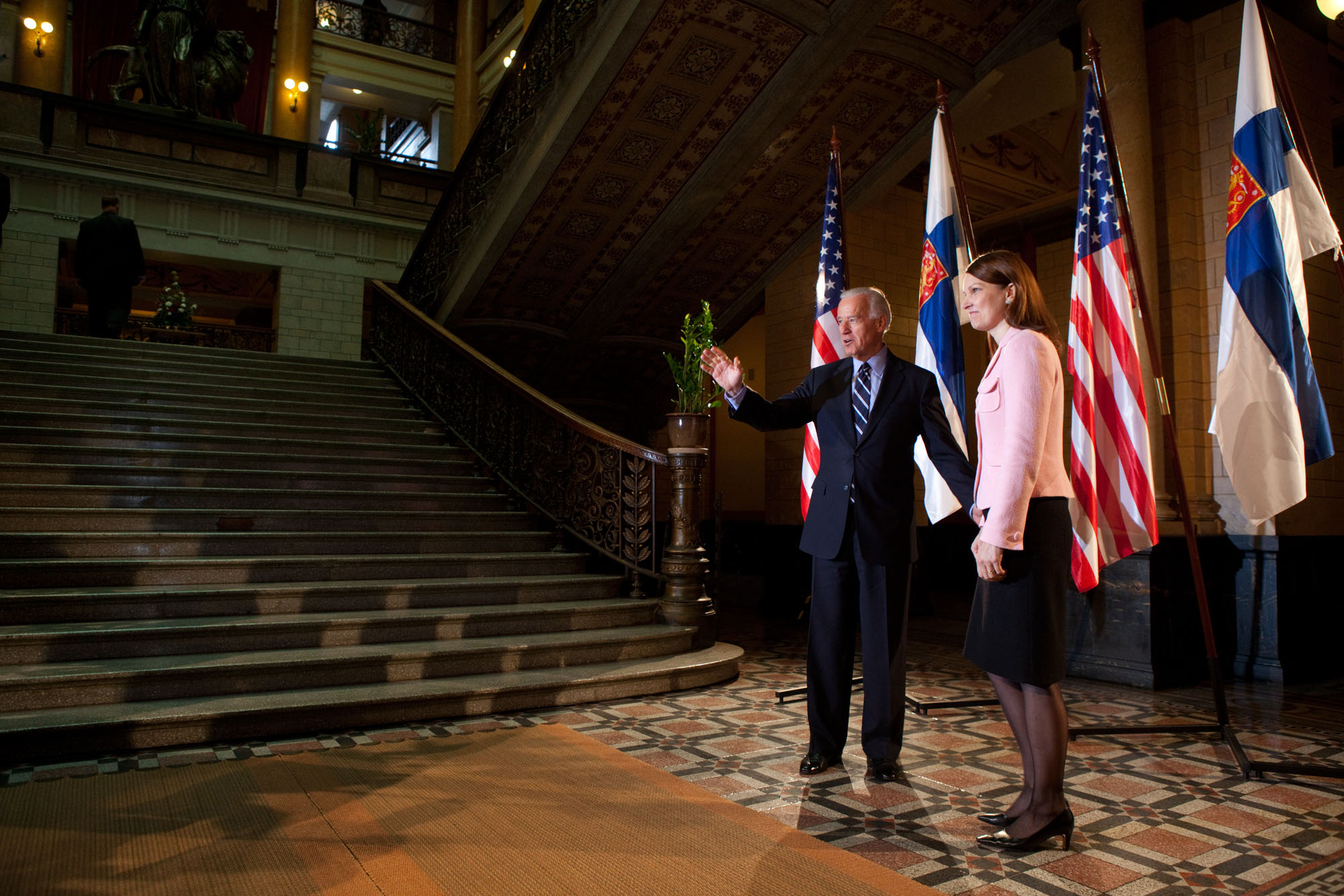 Vice President Joe Biden stops for a photo with Finnish Prime Minister Mari Kiviniemi
