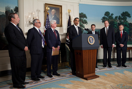 President Barack Obama addresses reporters in the Diplomatic Reception Room of the White House Wednesday, Feb. 25, 2009, following a meeting with Congressional financial committee leaders and his economic advisors. Joining President Obama are from left, National Economic Council Director Lawrence Summers, House Financial Services Committee Chairman Rep. Barney Frank, D-Mass., Senate Banking Committee Chairman Sen. Christopher Dodd, D-Conn., U.S.Treasury Secretary Timothy Geithner, Senate Banking Committee member Sen. Richard Shelby, R-Ala., and House Financial Services Committee member Rep. Spencer Bachus, R-Ala.