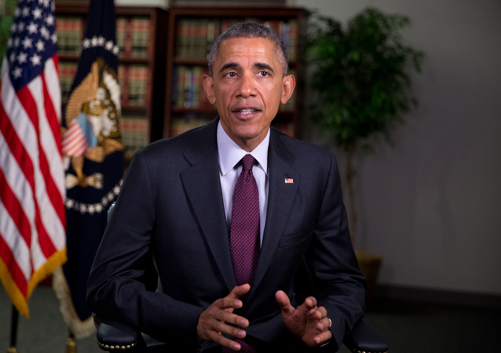 President Barack Obama tapes the weekly address at Hill Air Force Base in Layton, Utah, April 3, 2015