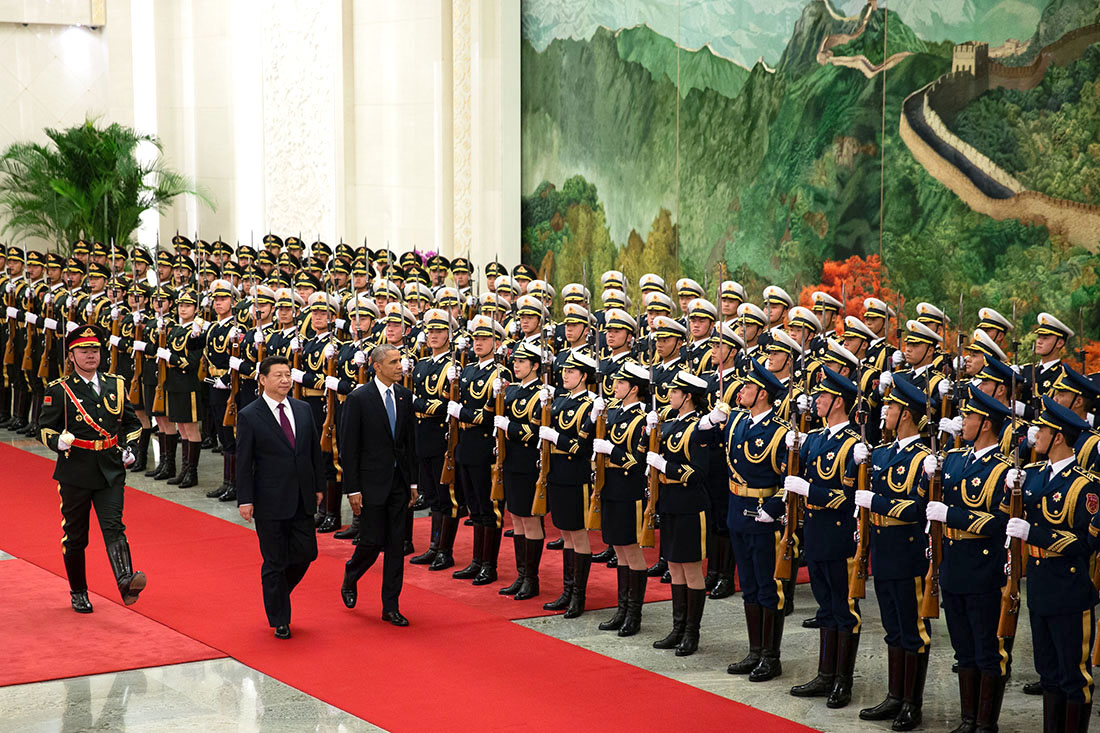 President Obama and President Xi inspect the troops during the State Arrival Welcome Ceremony