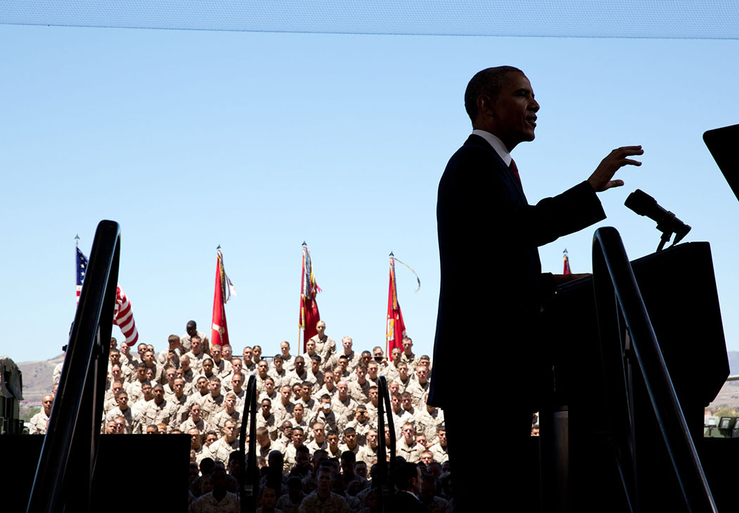 President Barack Obama delivers remarks to troops during a rally at Marine Corps Base Camp Pendleton