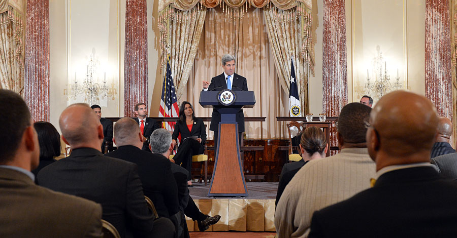 Secretary of State John Kerry speaks to an audience at an event to open the State Department's new Veterans Innovation Partnership fellowship program.