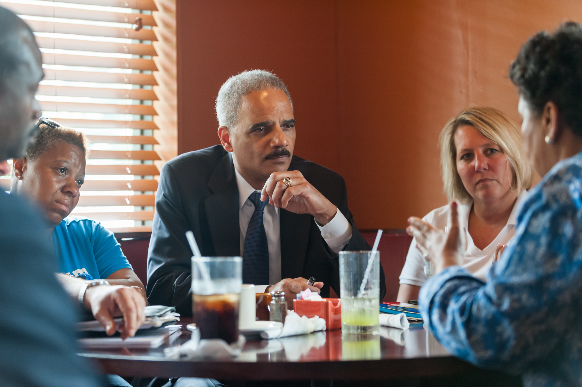 Attorney General Holder meets with local residents and community leaders of Ferguson at Drake’s Place Restaurant