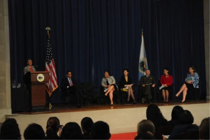 Secretary of the Interior Sally Jewell addresses the White House Forum on AAPI Heritage, May 9, 2013. 