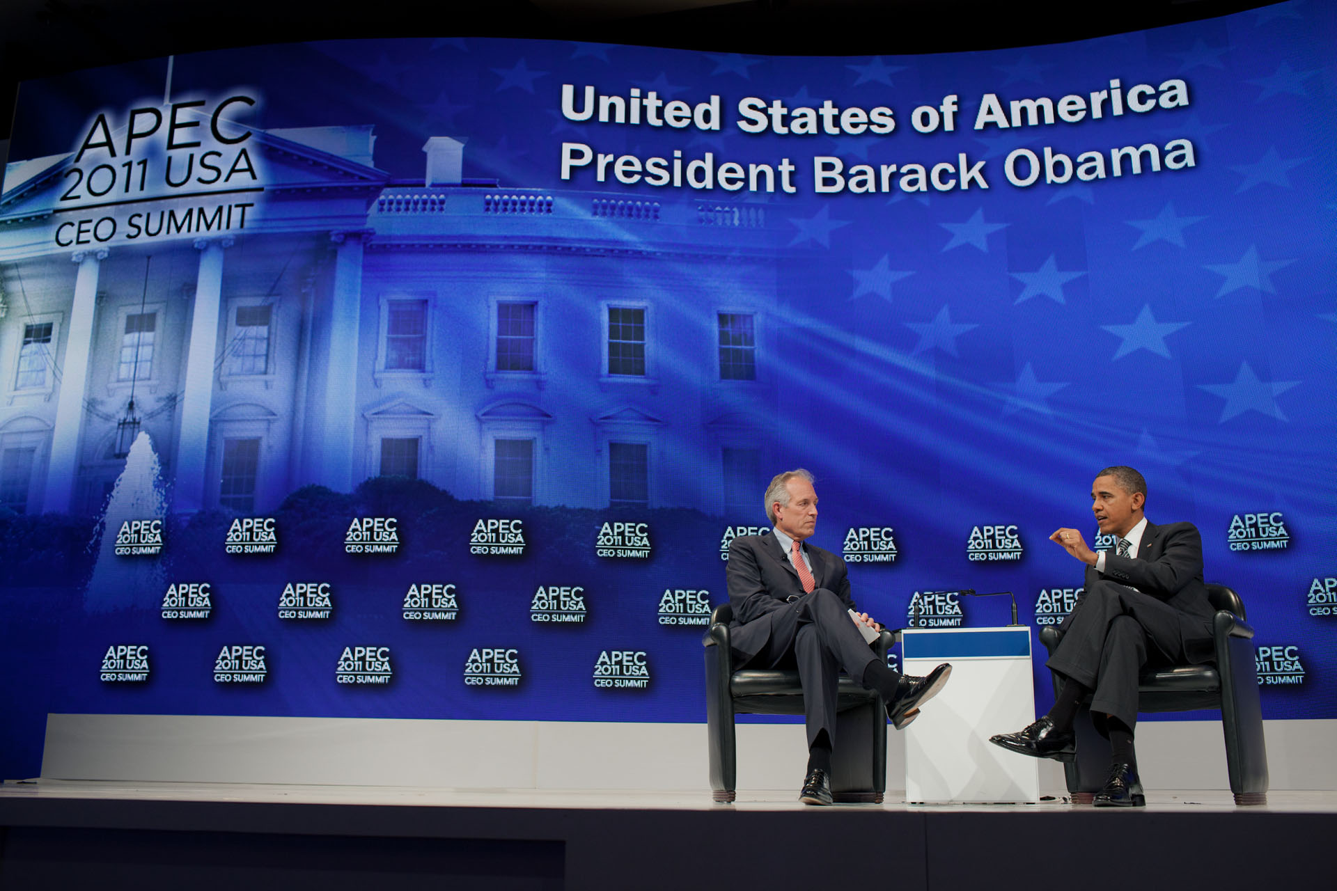 President Barack Obama answers a question at the APEC CEO business summit 