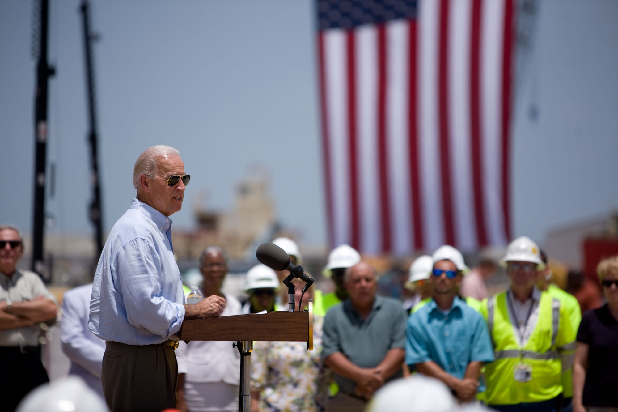 Vice President Joe Biden speaks to workers and the press at the Theodore Staging Area in Alabama