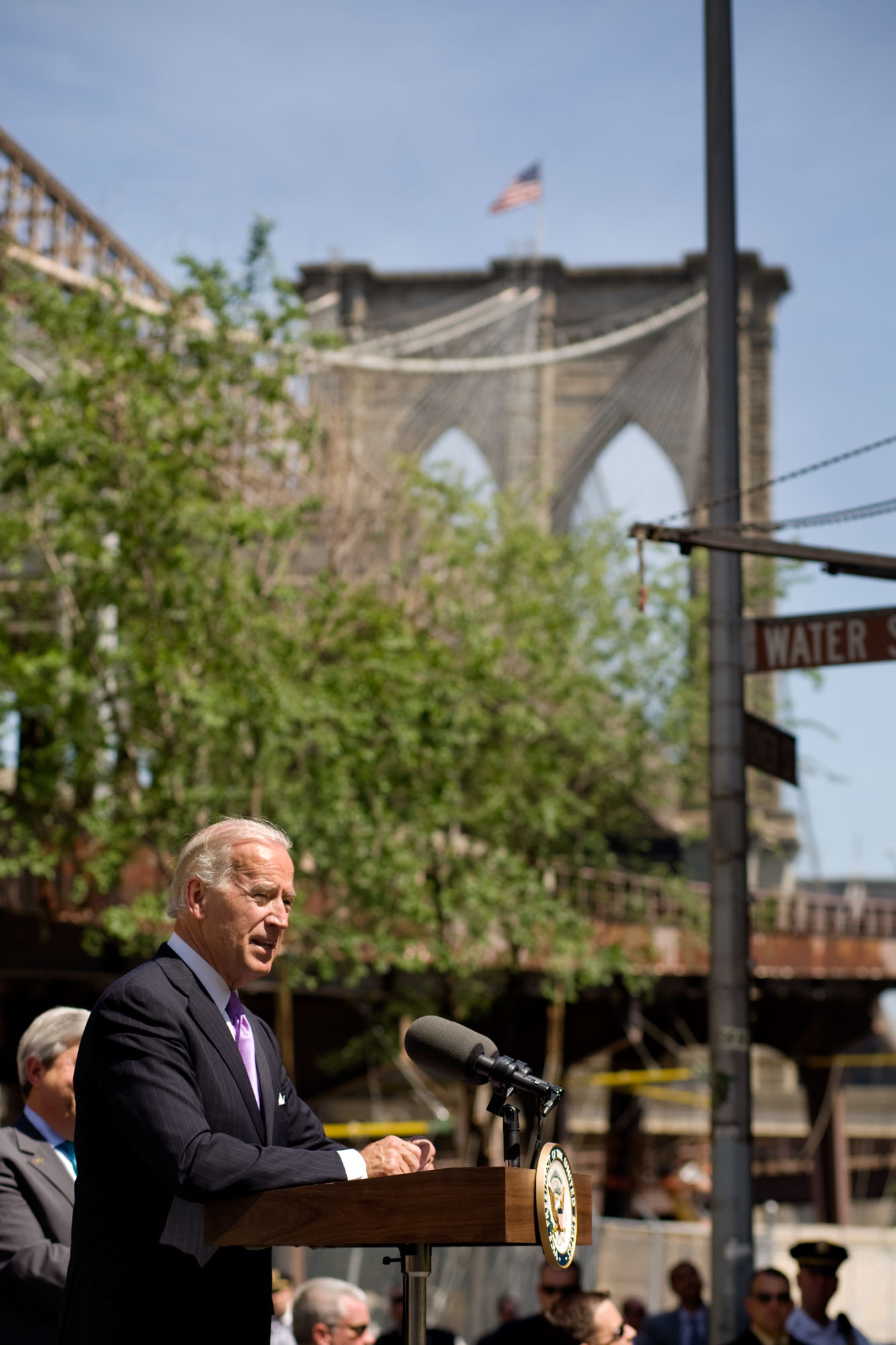Vice President Biden Speaks with Brooklyn Bridge in Background