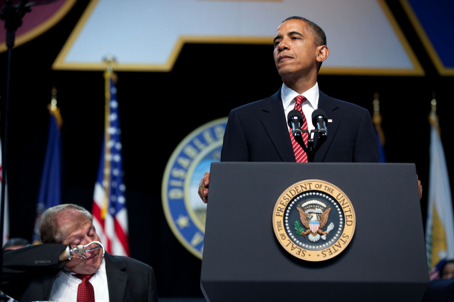 President Barack Obama Addresses the Disabled American Veterans, DAV National Commander Roberto Barrera Listens 