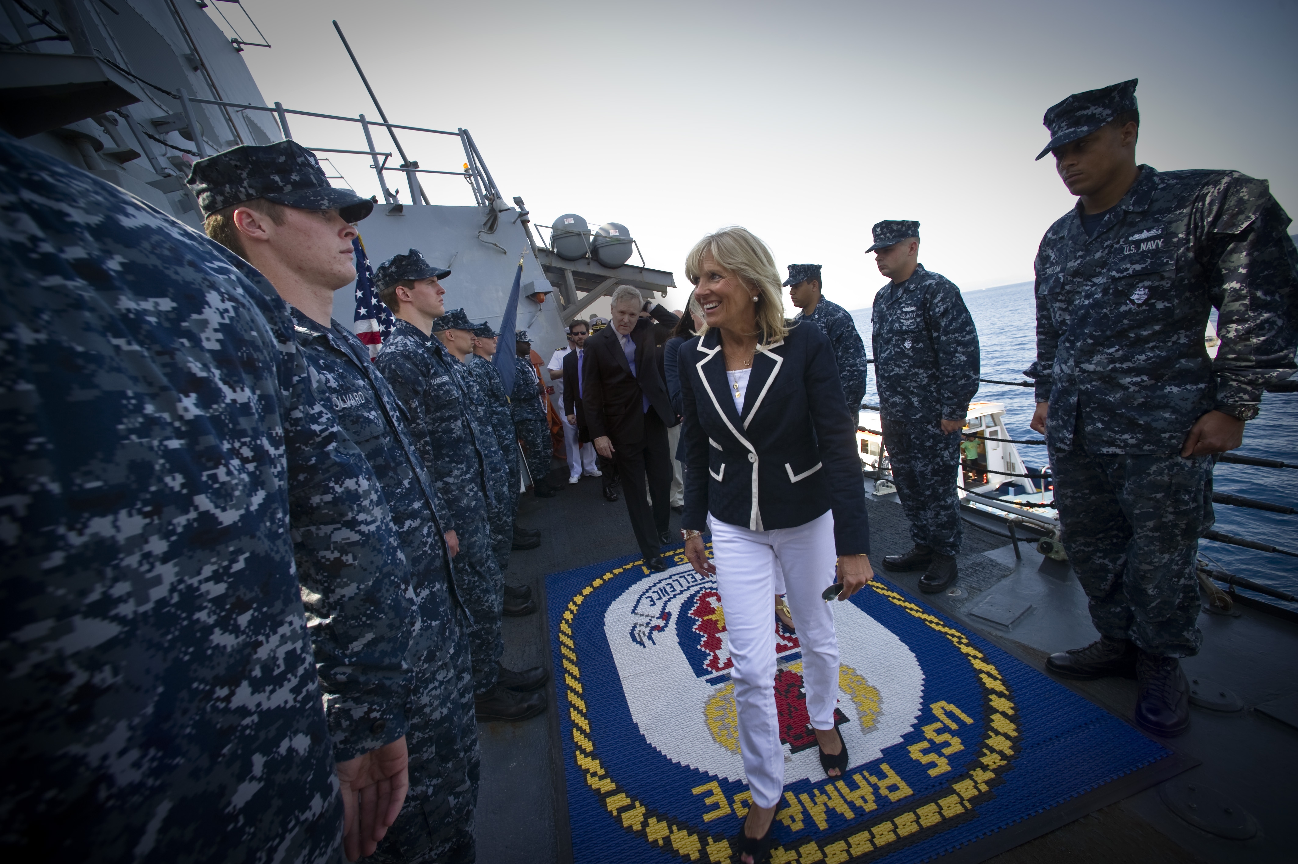 Dr. Jill Biden entering the USS RAMAGE