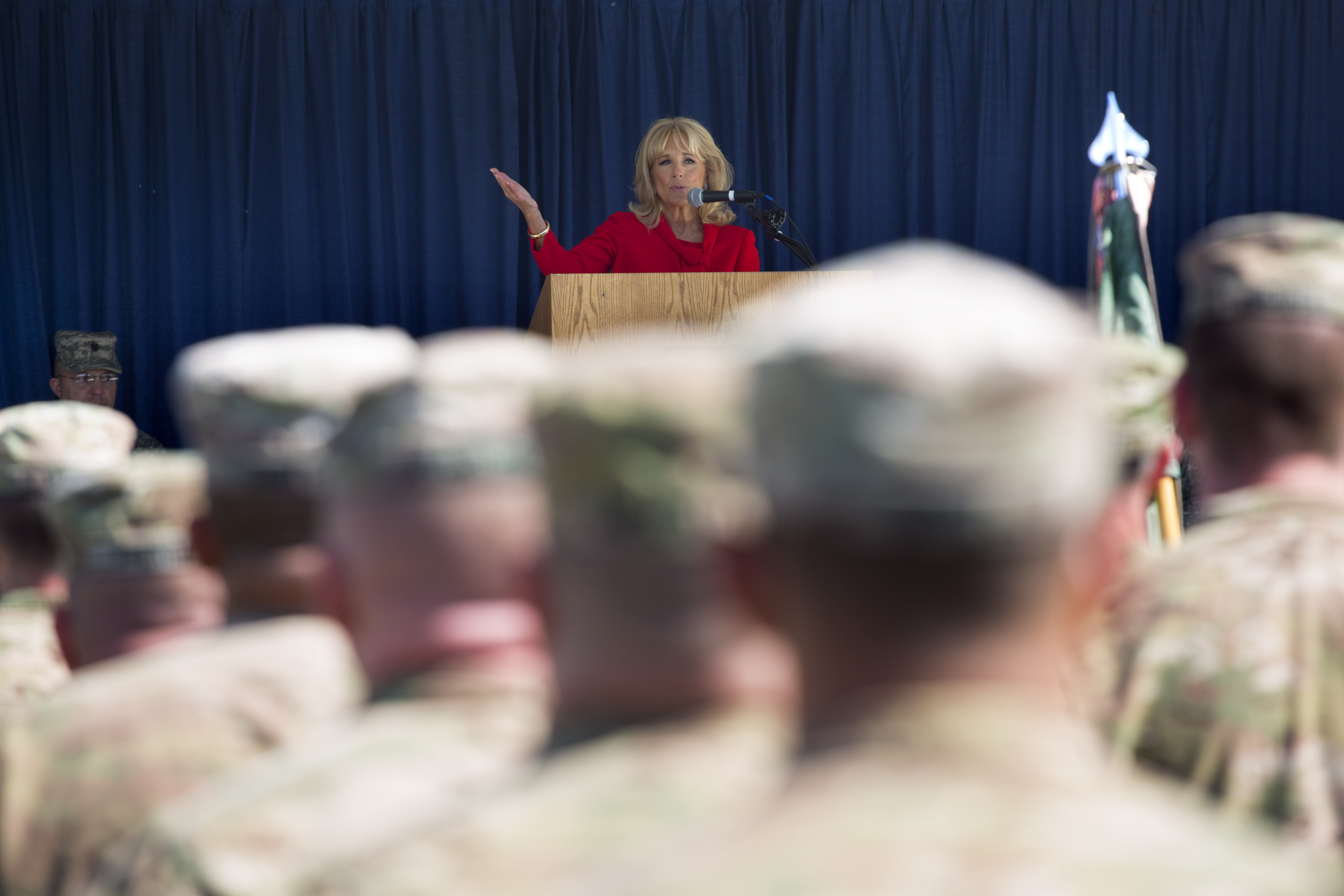 Dr. Jill Biden speaks to members of the 153rd Military Police Company and their families