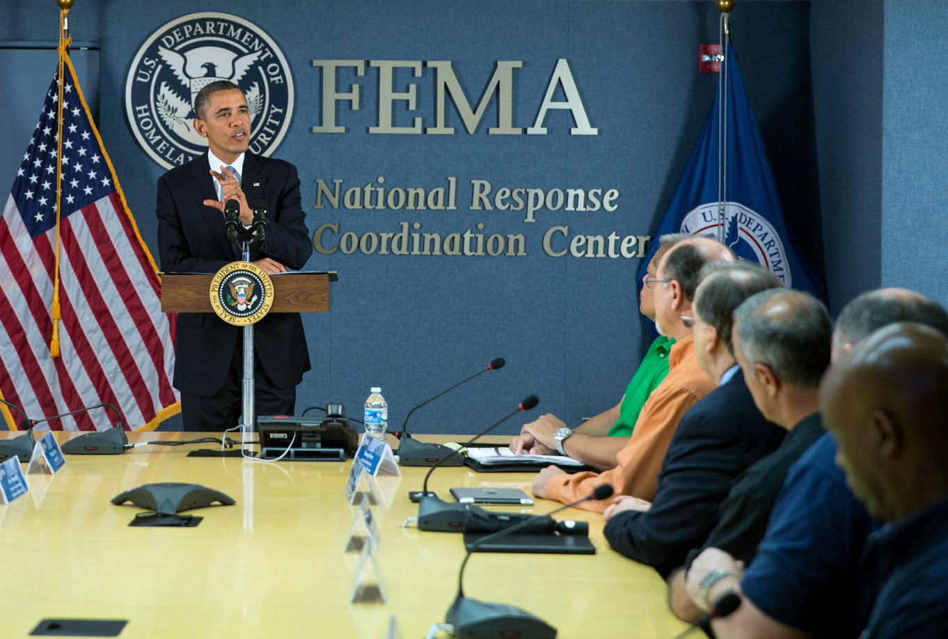 President Obama Meets with FEMA Officials at the National Response Coordinating Center