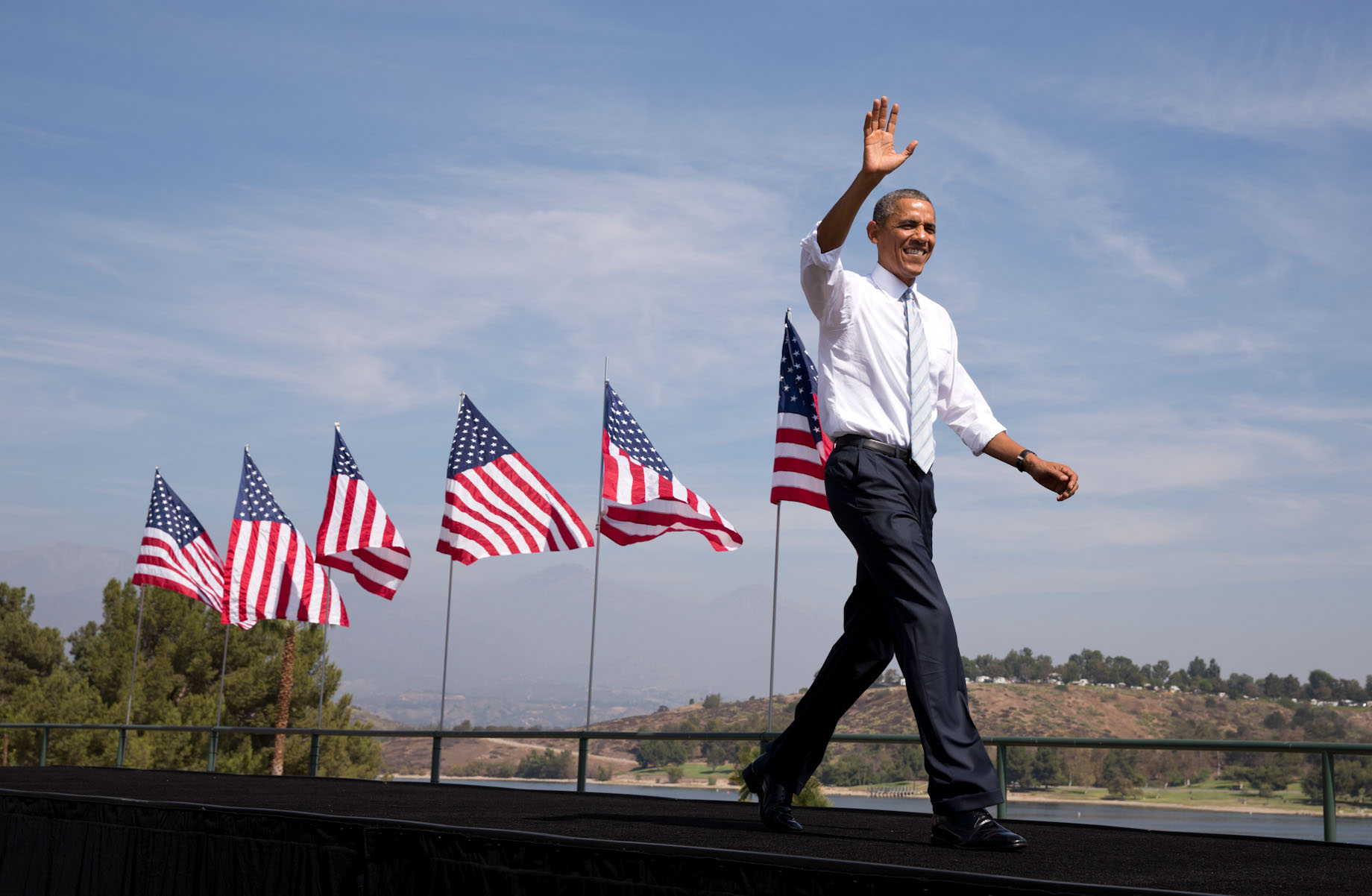President Obama walks onstage at Bonelli Regional Park to announce the creation of the San Gabriel Mountains National Monument