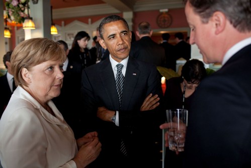 President Barack Obama with Chancellor Angela Merkel and Prime Minister David Cameron