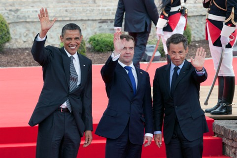 President Obama with Presidents Medvedev and Sarkozy