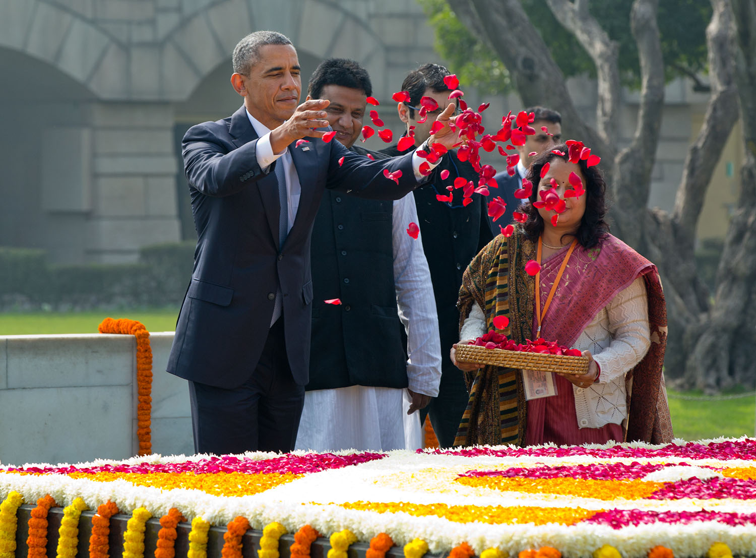 President Obama Drops Petals at Gandhi Memorial