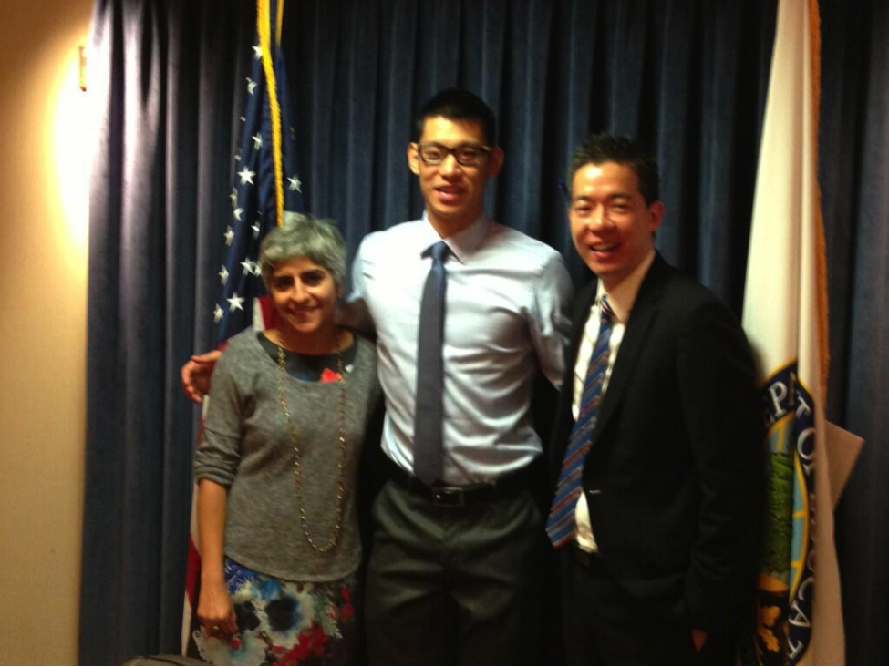 Kiran Ahuja and Don Yu from the U.S. Department of Education meet with Jeremy Lin, Aug. 1, 2013. 