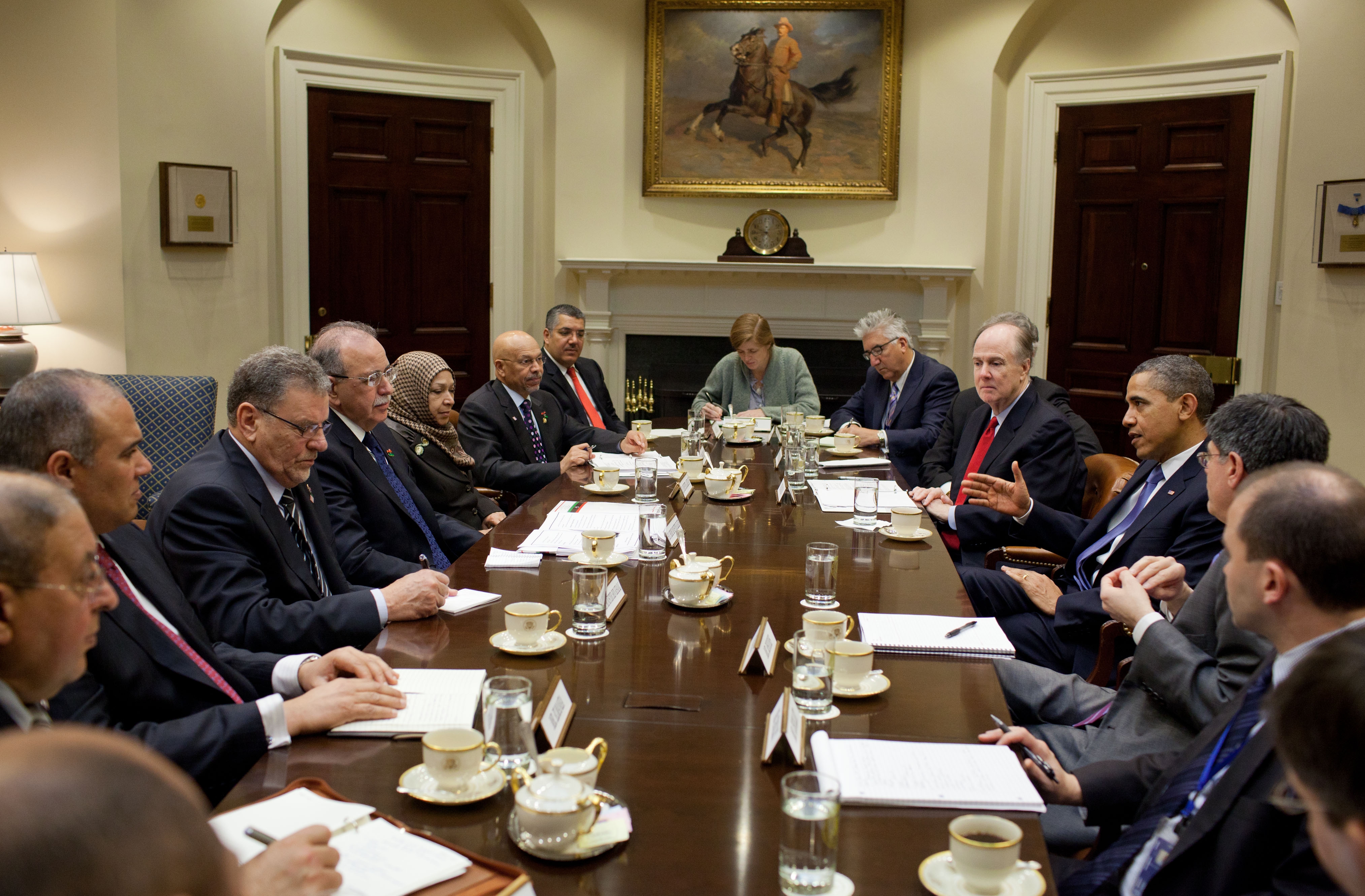 President Barack Obama meets with Prime Minister Dr. Abdurrahim ElKeib of Libya in the Roosevelt Room of the White House