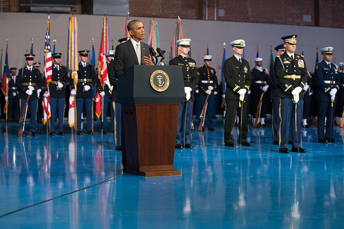 President Obama delivers remarks during an Armed Forces farewell in honor of Secretary Hagel