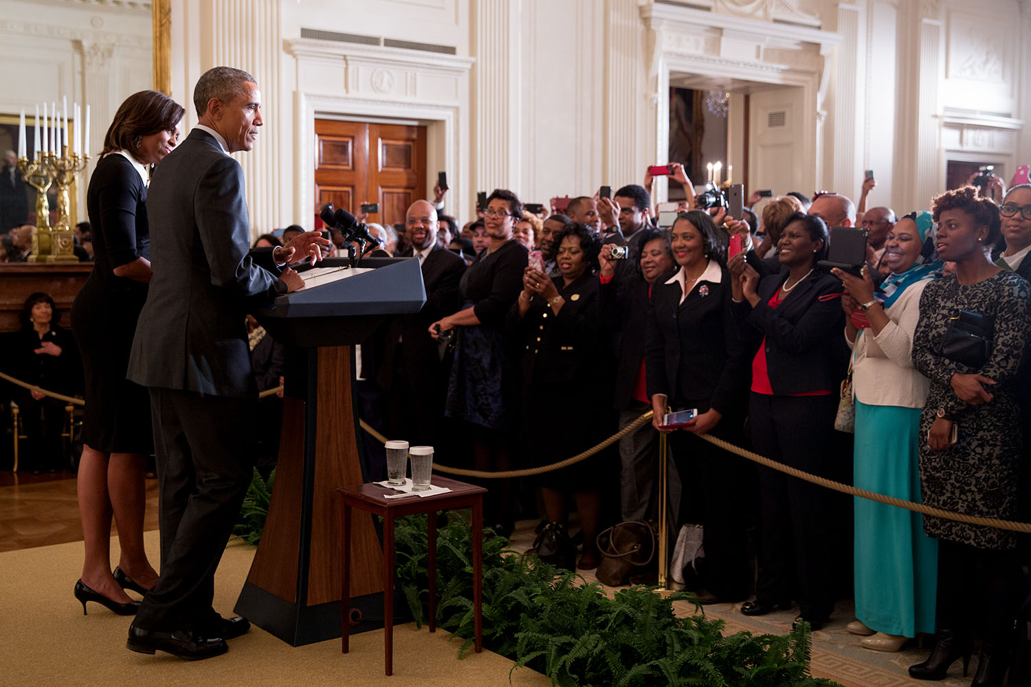 President Obama, with First Lady Michelle Obama, delivers remarks during a reception celebrating Black History Month