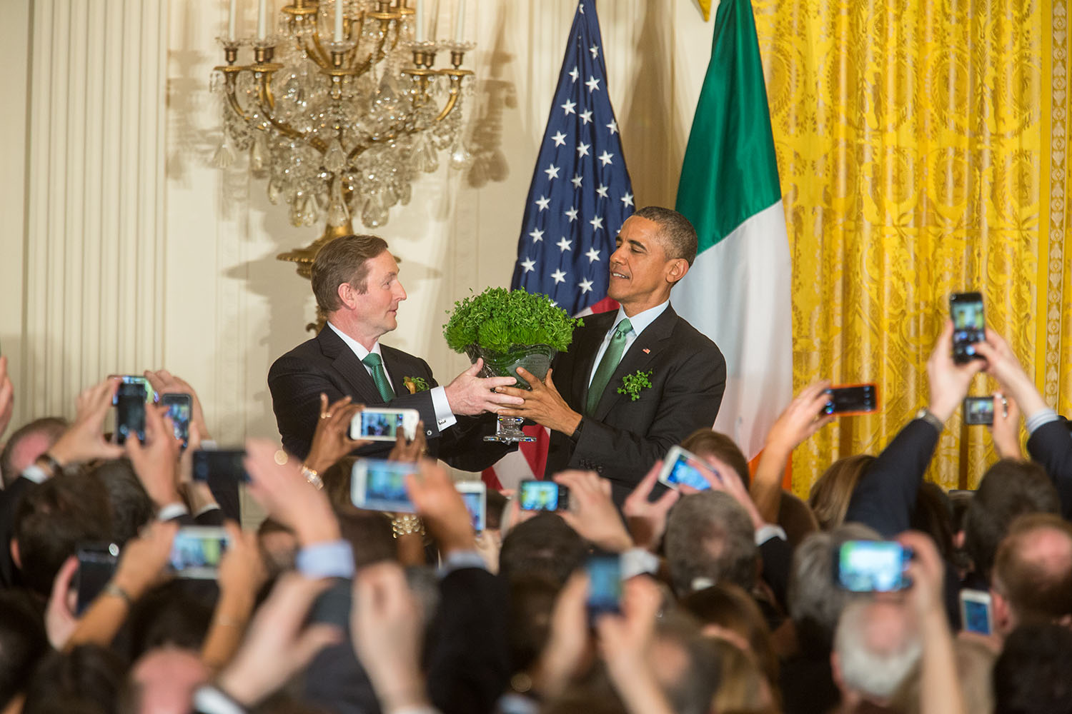 Prime Minister Enda Kenny presents a shamrock bowl to President Barack Obama