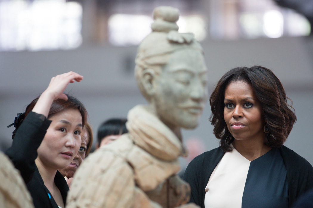 First Lady Michelle Obama, Sasha, Malia and Marian. Robinson tour the Terra Cotta Warriors in Xi'an, China