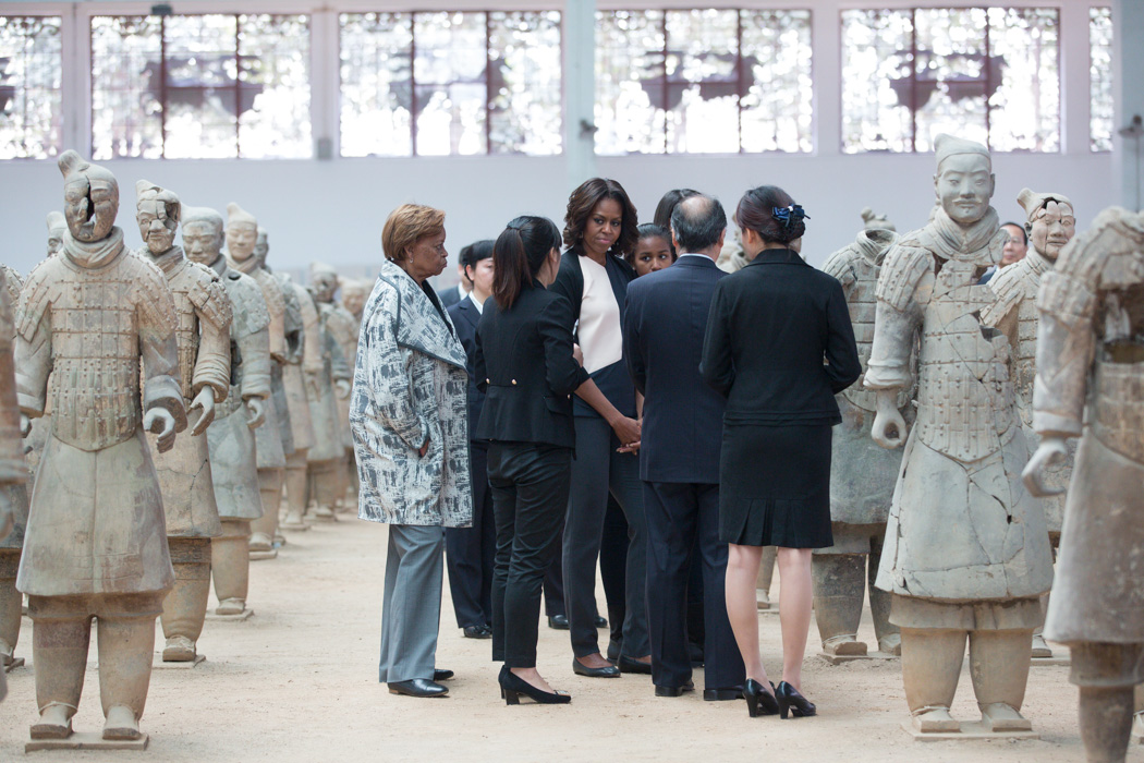 First Lady Michelle Obama, Sasha, Malia and Marian Robinson tour the Terra Cotta Warriors in Xi'an, China