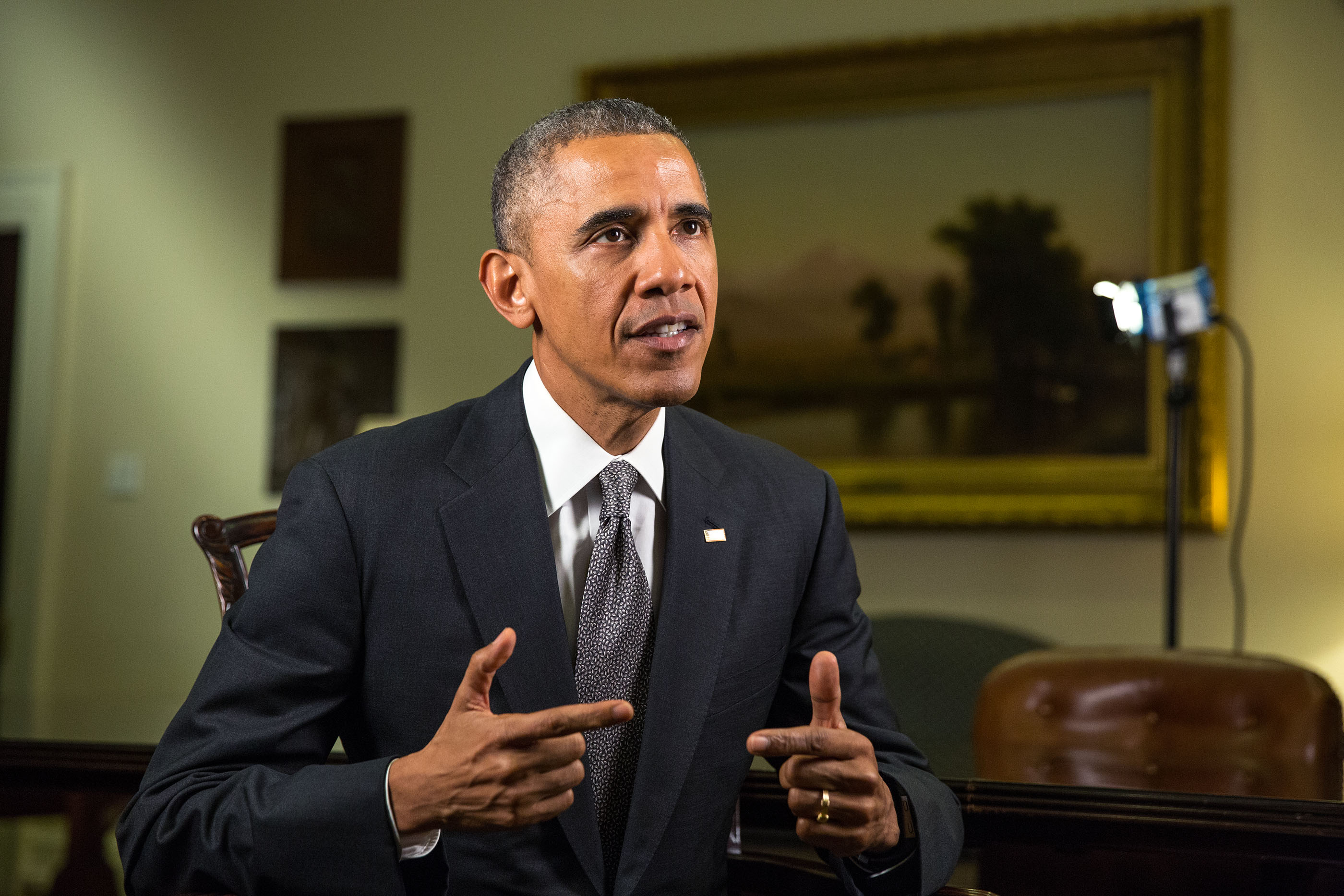 President Barack Obama tapes the Weekly Address in the Roosevelt Room of the White House, April 16, 2015