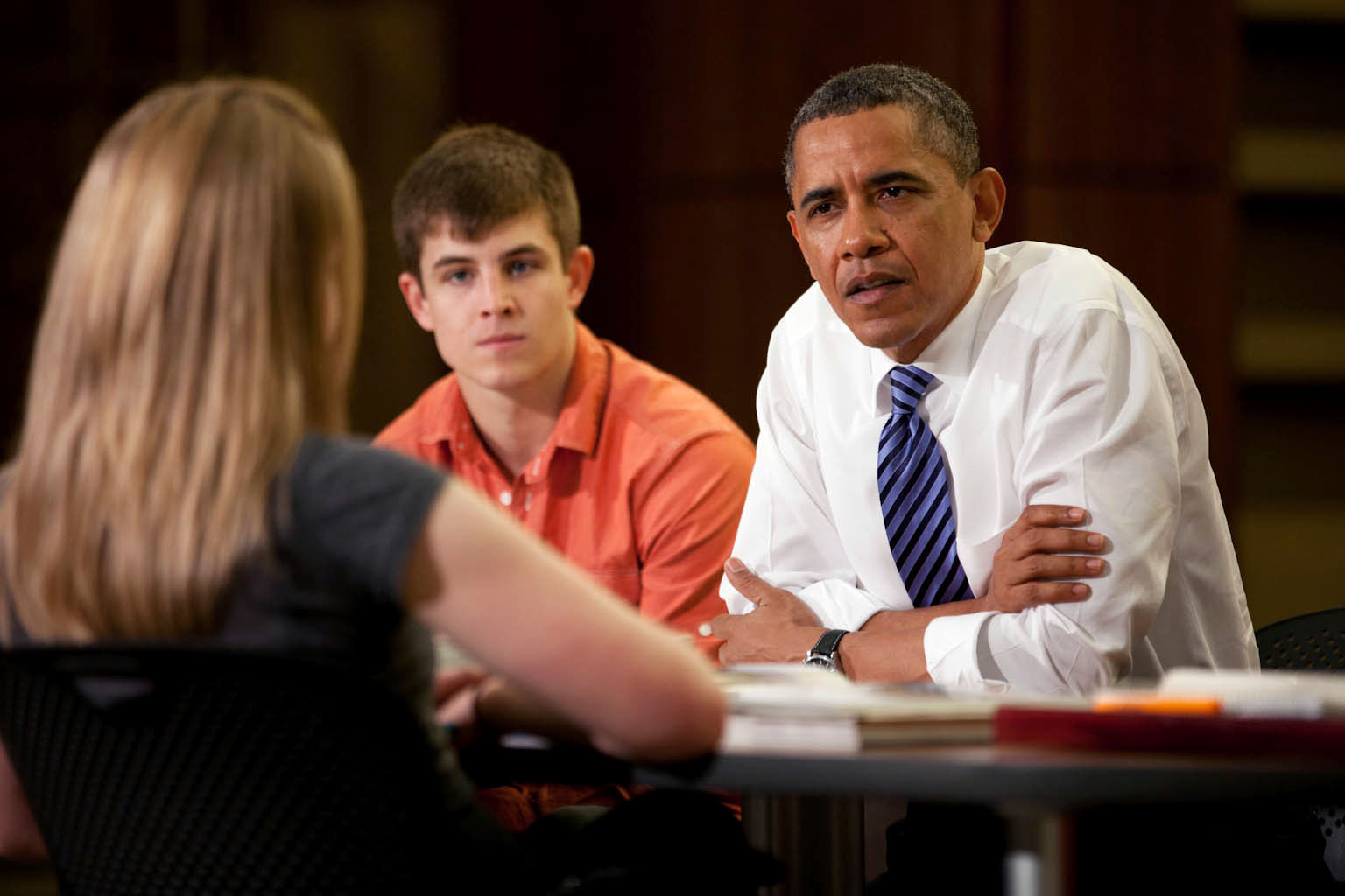 President Barack Obama Listens to Senior Marissa Boles During a Roundtable Discussion 