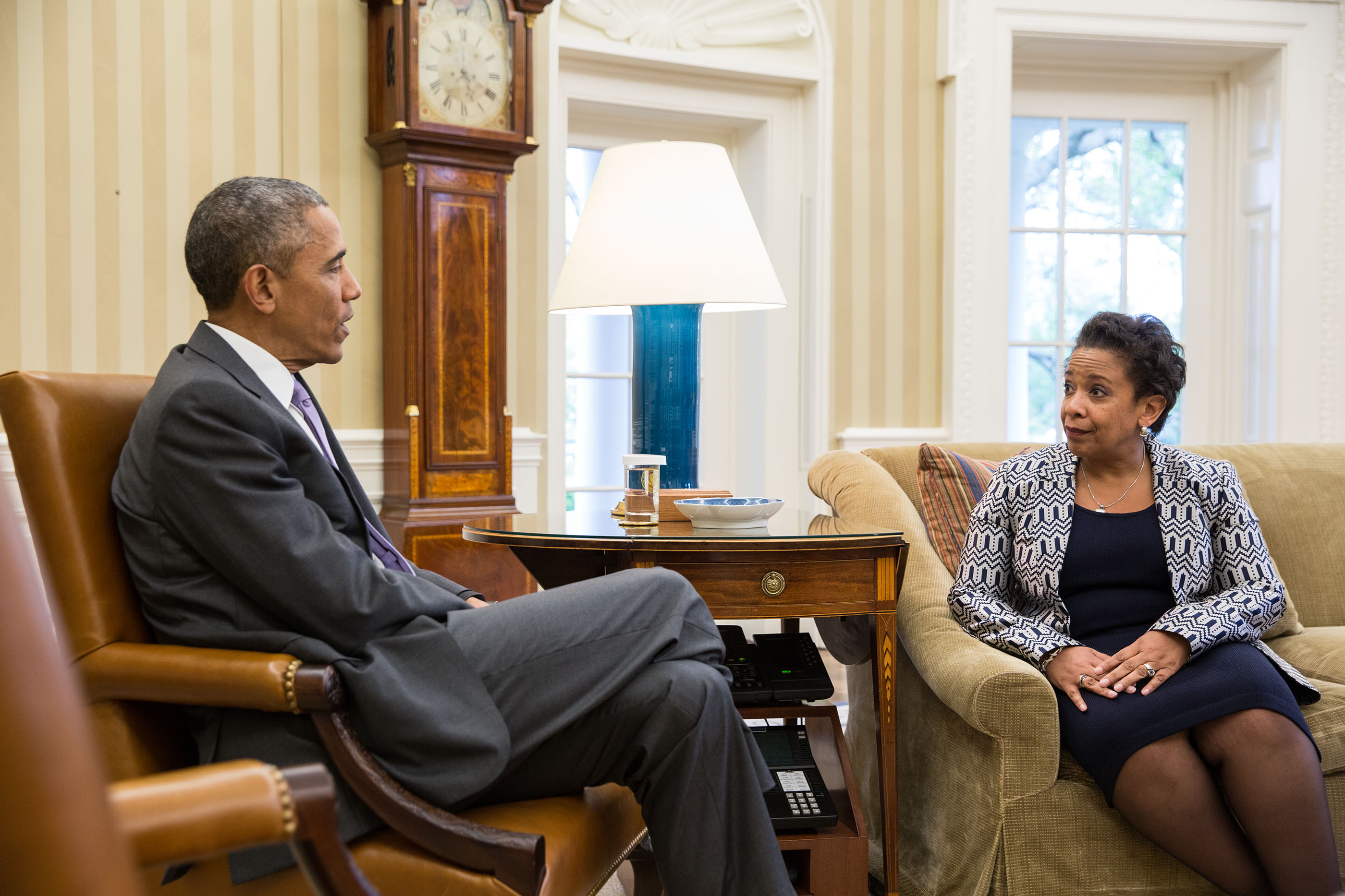President Barack Obama meets with Attorney General Loretta Lynch in the Oval Office, April 27, 2015