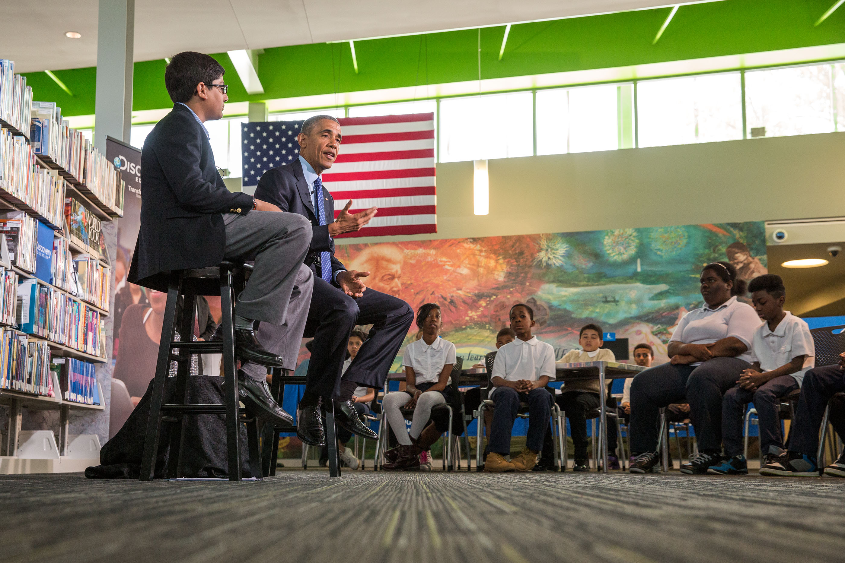 President Obama answers questions from students during a Discovery Education webinar