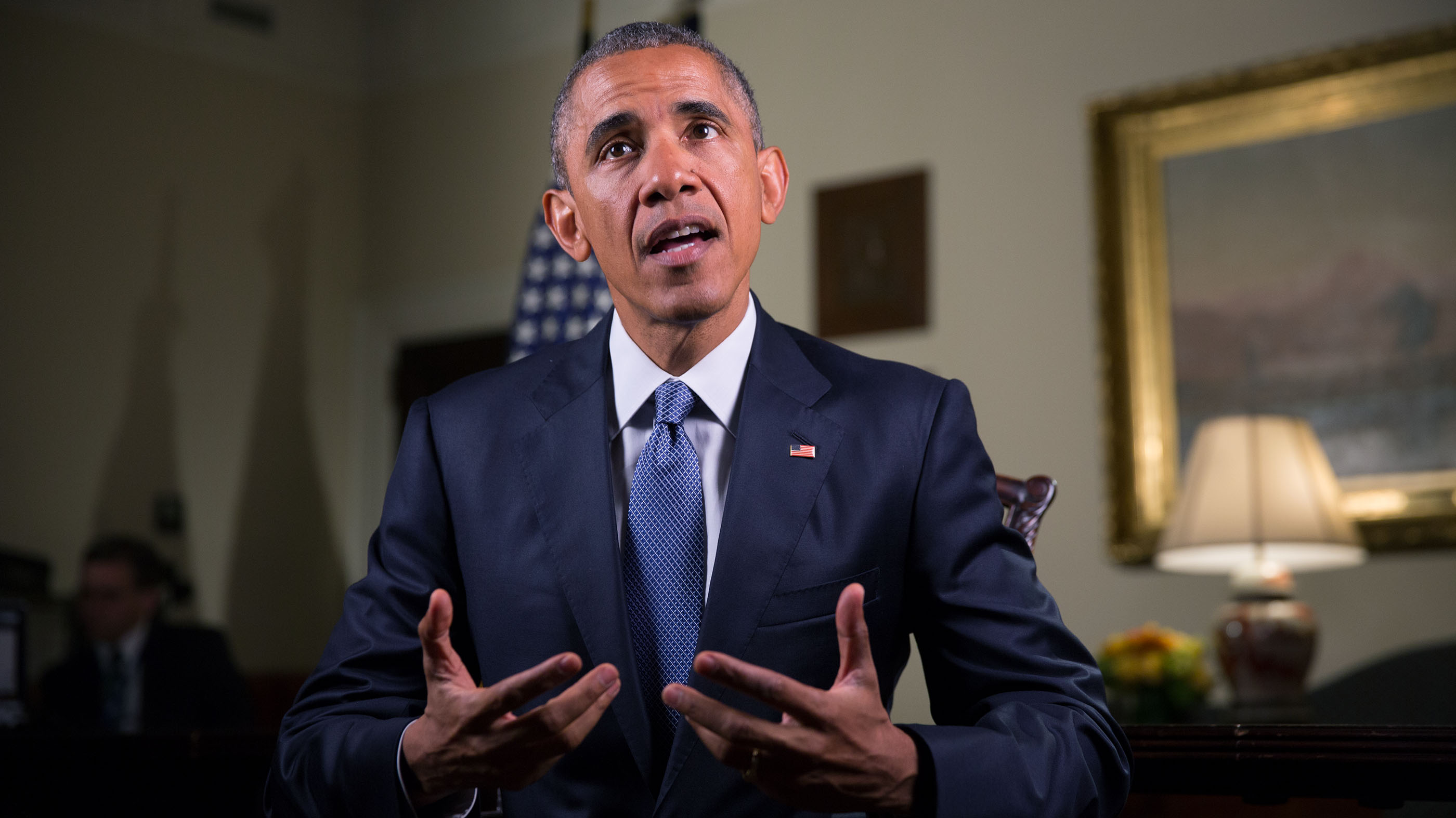 President Barack Obama tapes the Weekly Address in the Roosevelt Room of the White House, May 22, 2015