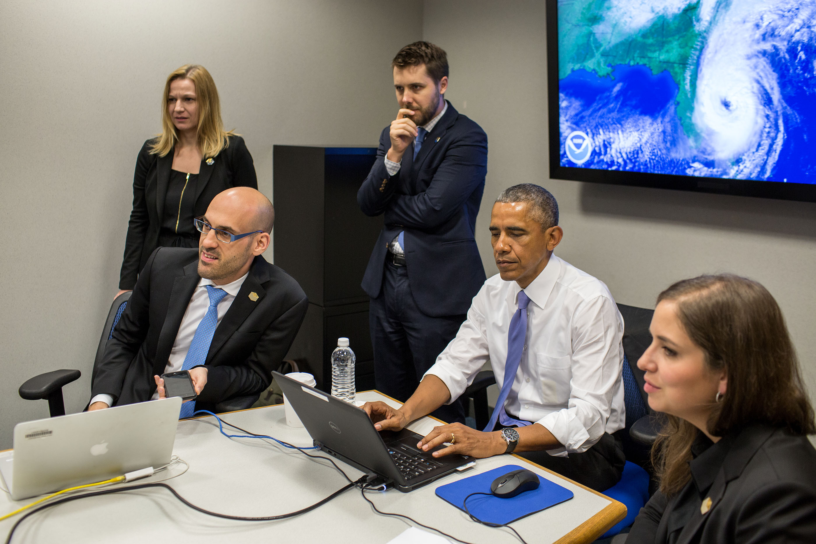 President Barack Obama participates in a Twitter Q&A at the National Hurricane Center
