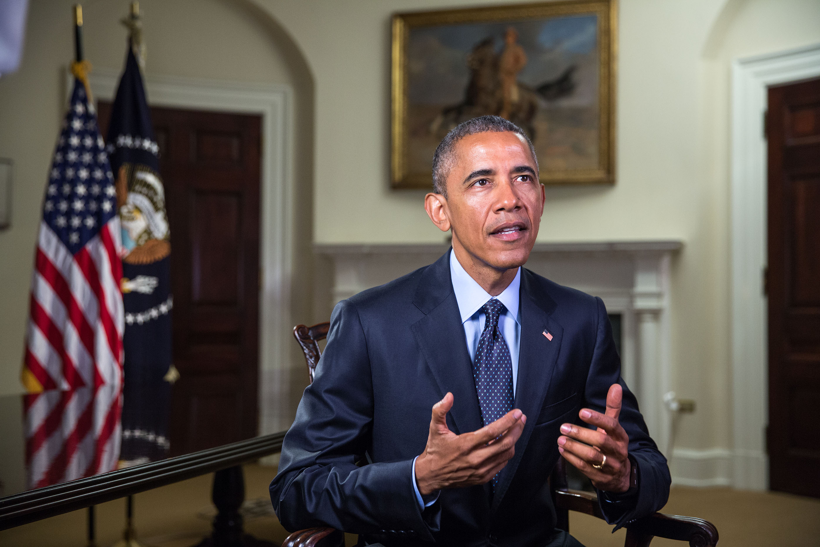 President Barack Obama tapes the Weekly Address in the Roosevelt Room of the White House, May 29, 2015.