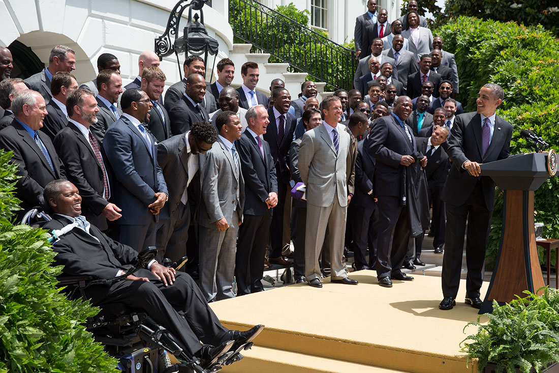 President Barack Obama welcomes Coach John Harbaugh and the Super Bowl Champion Baltimore Ravens to the White House