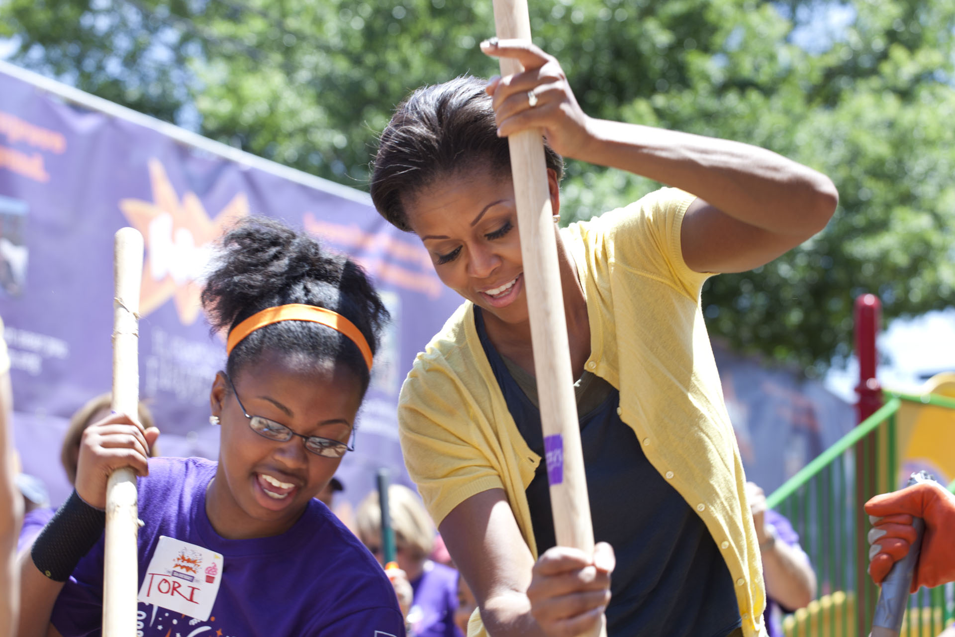 First Lady Michelle Obama and a Young Volunteer at the KaBOOM! and Congressional Family Service Project 