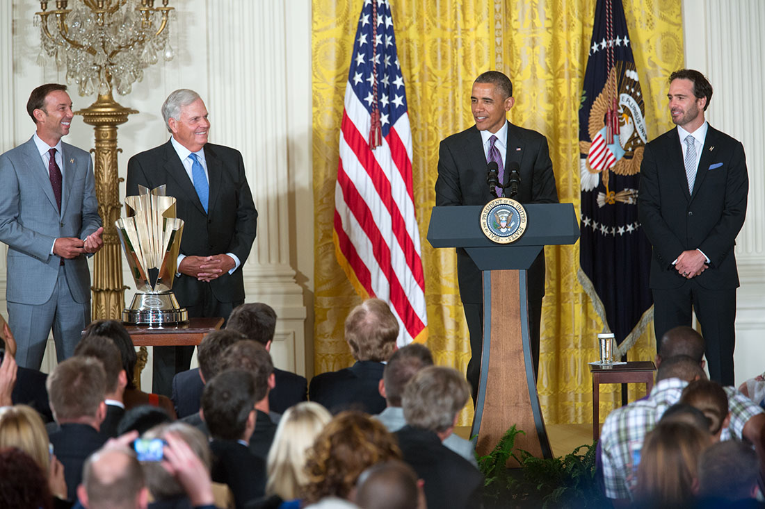 President Obama honors six-time champion Jimmie Johnson and his Hendrick Motorsports team members for his 2013 Sprint Cup Championship
